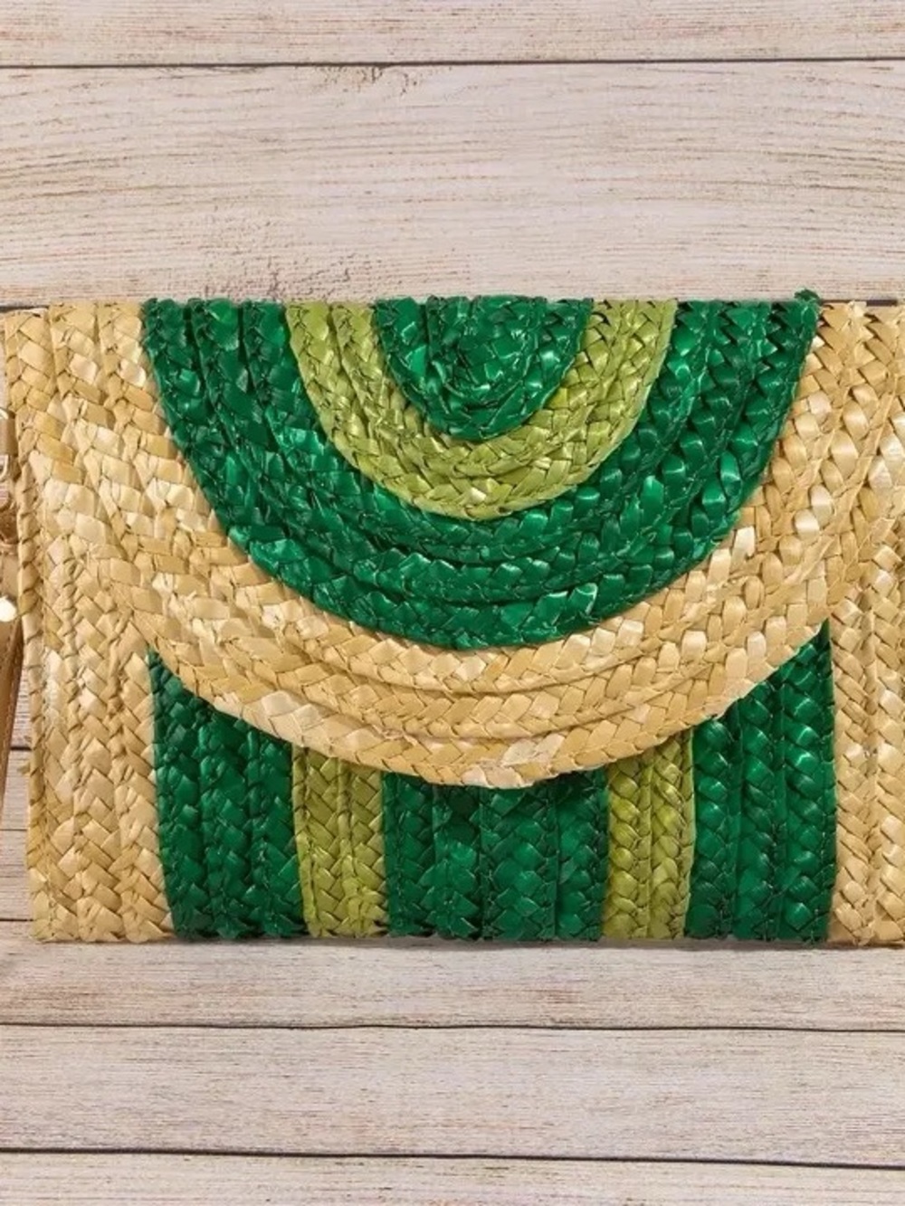 Handwoven Straw Clutch in Green & Natural with wristband and shoulder strap